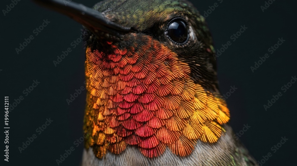 Fototapeta premium Close-up of a hummingbird with vibrant red and orange feathers.