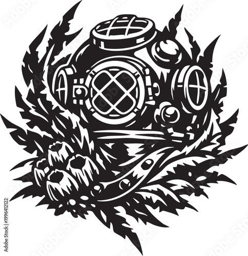Vintage diving helmet silhouette with kelp and barnacles