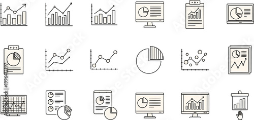 Data charts collection presents various financial analysis icons on a page.