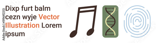 Music symbolism, genetic research, personal identity, creative expression, scientific innovation, authentication. Musical note, DNA helix and fingerprint. Music symbolism and genetic research