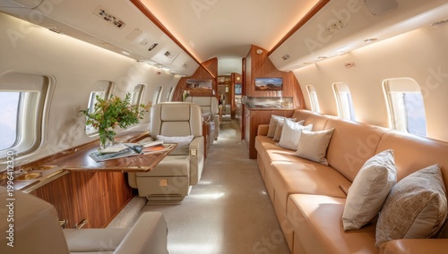 The luxurious interior of a private jet showcases plush seating, a stylish desk area, and expansive windows offering breathtaking aerial views.