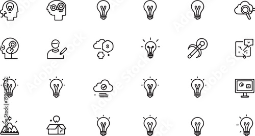 Idea Innovation and Creative Thinking Outline Icon Set