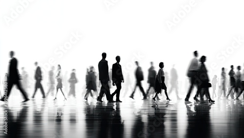 A black and white image depicts a large group of people walking purposefully towards a bright, blurred background, creating a sense of movement and urban life.