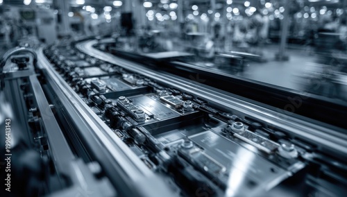 A blurred perspective showcases a complex automated production line with electronic components moving along a conveyor belt.