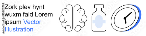 Health, medicine, neuroscience, time management, dosage schedules, scientific research. Line icons of a brain, medicine bottle and clock. Health and medicine ion for various applications