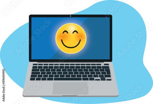 Un ordinateur portable en flat design affiche un grand smiley souriant sur son écran, symbole simple et visuel du bonheur au travail