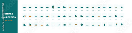 Minimalist shoes collection, set of 54 footwear icons in vector format, teal flat style shoe symbols for fashion retail and e-commerce apps