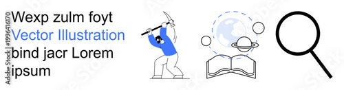 Education, exploration, research, discovery, creativity, learning. A miner with a pickaxe, open book with a planet and magnifying glass. Exploration and research concepts