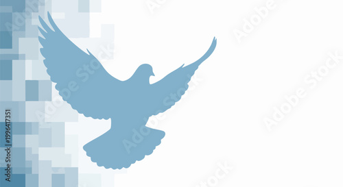 Blue dove silhouette flying on abstract pixelated background, peaceful bird vector illustration, spiritual pigeon symbol for hope and tranquility