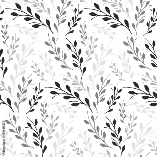 Branches with simple leaves form a continuous monochrome pattern. Dark and light gray elements overlap on a clean white background, creating visual depth.