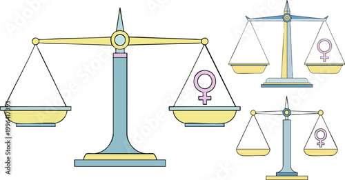 Gender equality scales of justice vector set, female symbol on unbalanced weighing scale, social justice and women rights concept illustrations