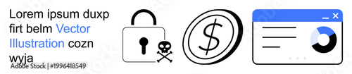 Cybersecurity, online safety, data protection, financial security, malware risks, user authentication. Lock with skull, dollar sign browser window with chart. Cybersecurity and online safety concept
