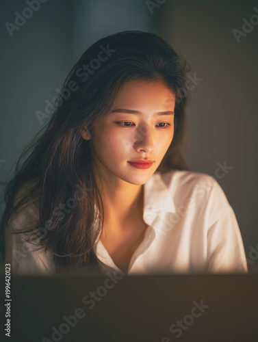 Young Asian woman with long dark hair wearing white shirt, focused on screen light, studying or working quietly in dim room.