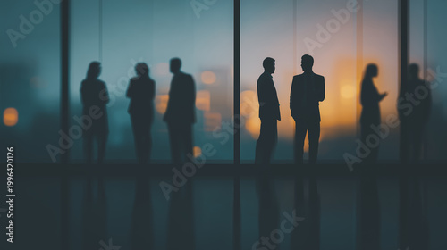 Silhouettes of business people in a modern office meeting with city skyline background at sunset. Professional team collaboration, corporate networking, and successful leadership concept.