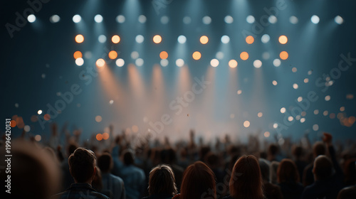 Cheering crowd at concert with bright stage lights background. Nightlife event, music festival, and entertainment party concept. Professional audience at live performance show with bokeh.