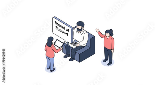 Isometric Illustration of People Interacting with Technology and Support.