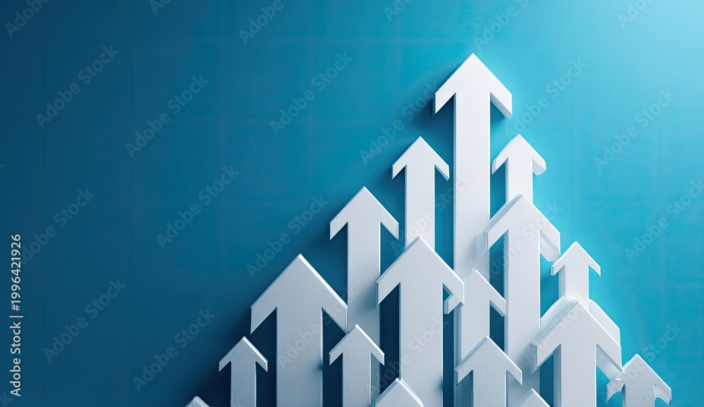 Fototapeta premium White Arrows Pointing Upward on a Blue Background Symbolizing Growth and Success.