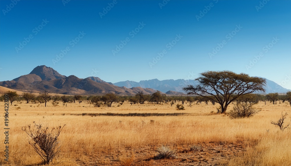 Fototapeta premium vast landscape with dry savanna distant mountain range under a clear blue sky featuring scattered trees and vegetation
