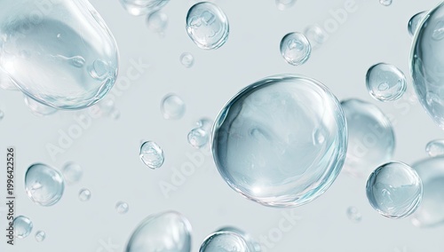 Close-up of Clear Water Droplets and Bubbles on a Light Blue Background.