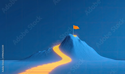 A surreal and captivating image depicts a glowing, golden staircase winding its way up a textured, blue mountain, culminating in an orange flag atop the peak, symbolizing achievement and aspiration.