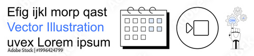 Artificial intelligence, robotics, scheduling, digital tools, automation, technology development. A calendar, video icon and robotic hand with gears. Artificial intelligence and robotics showcase