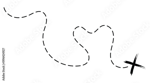 Treasure map element in black. A dashed line and red X mark ink on the map, the treasure map with a dotted line, X marks the spot, dashed line trail to an X on the left