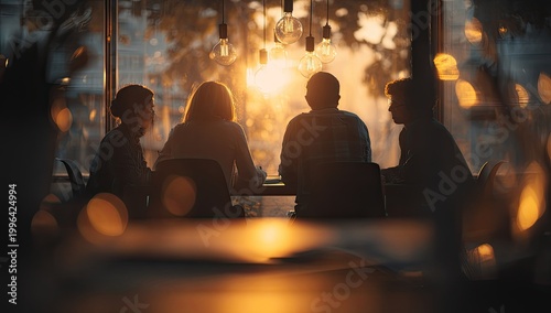 Silhouetted figures are gathered around a table bathed in warm light from hanging Edison bulbs, creating a cozy and intimate atmosphere.