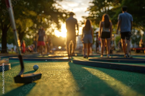 People enjoying a game of mini golf at sunset with golden light.