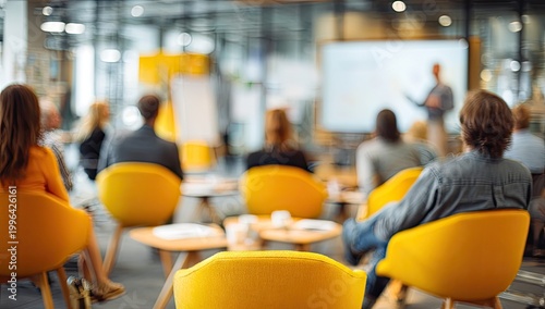 Diverse group of people attending a business seminar in a modern conference room with yellow chairs.