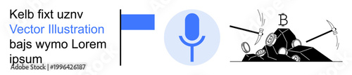 Cryptocurrency, blockchain, voice commands, mining technology, digital transactions, innovation. Pickaxes mining Bitcoin and a microphone logo. Cryptocurrency and blockchain concept