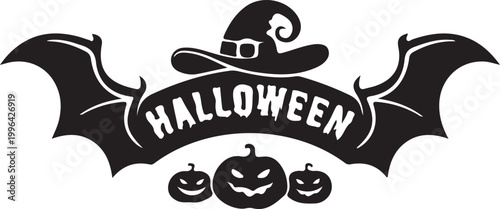 Decorative halloween festive banner with witch hat bat wings and jack o lantern pumpkins for celebration