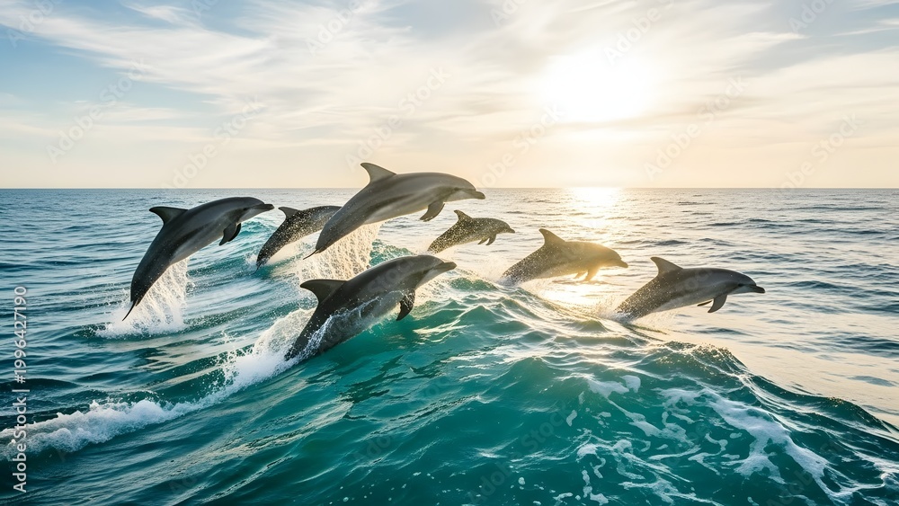 Fototapeta premium A pod of dolphins leaps joyfully from the ocean waves at sunset.