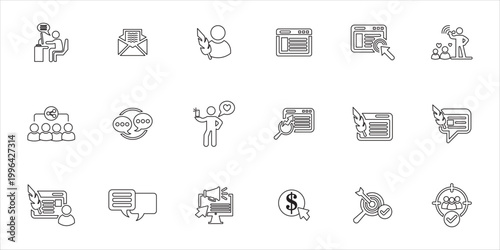 blogger icon set. influencer, vlogger, article, audience, branding and more. simple line vector