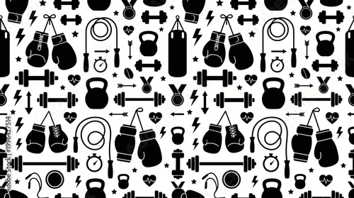 Abstract Seamless Pattern of Gym Equipment Icons for Fitness Themed Design.