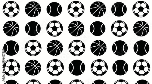 Repeating pattern of soccer balls across a black background.