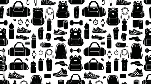Seamless pattern featuring assorted backpacks and travel bags in a monochrome design.