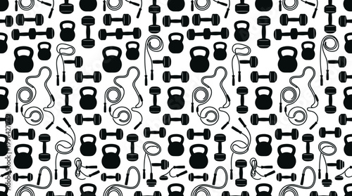 Seamless monochrome pattern of lab equipment icons including flasks, beakers and microscopes.