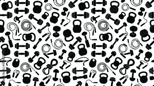 Monochrome pattern featuring gym equipment such as dumbbells, barbells and plates for fitness and sport visuals.