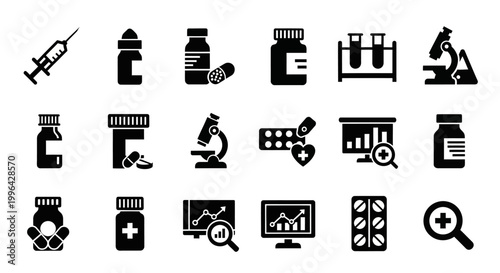 Collection of black silhouette icons representing medicine, healthcare, science, and pharmaceutical research tools and equipment.