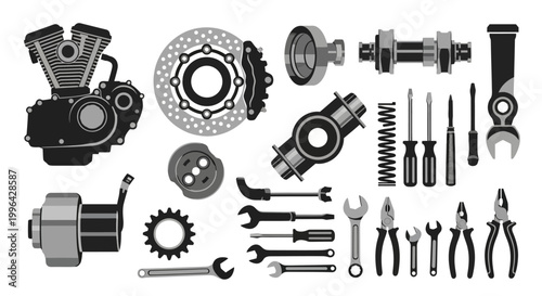A comprehensive collection of automotive parts and mechanic tools laid out on a white background, including an engine, brake disc, gears, wrenches, and screwdrivers.