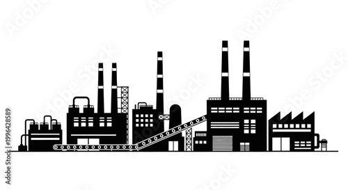 A black and white illustration of a large industrial factory complex with multiple buildings, smokestacks, and conveyor belts.