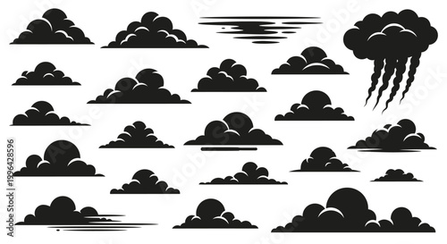 Collection of various black cloud silhouettes, including cumulus, stratus, and storm clouds, with some depicting rain or wind effects, isolated on a white background.