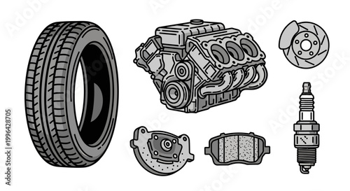 Collection of essential car parts including tire, engine, brake components, and spark plug.