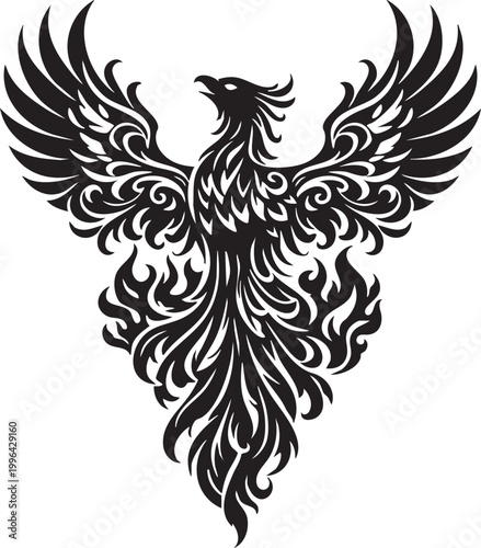 Ornamental filigree phoenix rising with flame feathers