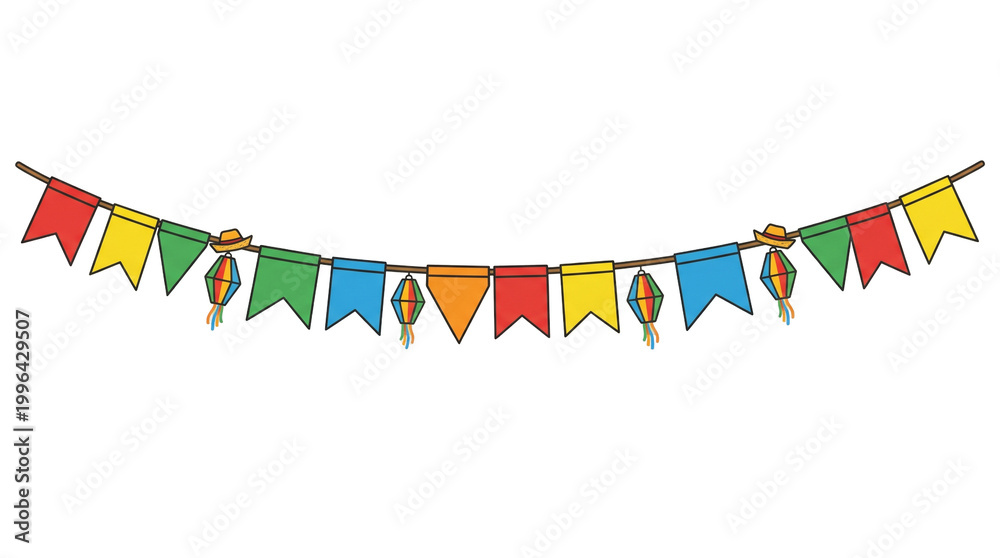 Fototapeta premium Festa Junina Bunting with Flags, Lanterns, and Straw Hats Isolated on Transparent Background