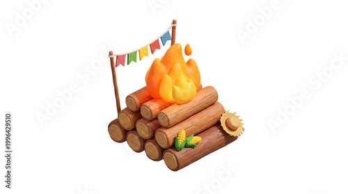 Festa Junina Bonfire with Corn, Straw Hat, and Buntings, Isolated 3D Render on Transparent Background