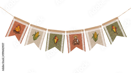 Festa Junina Banner Garland with Traditional Symbols Isolated on Transparent Background