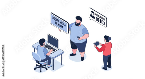 Isometric illustration of people using technology and social media detox concept.