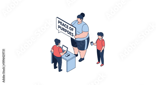 Isometric illustration of people with a sign expressing peace of purpose.