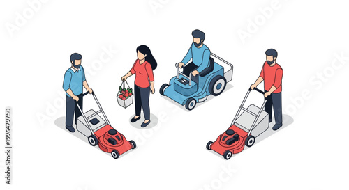 Isometric Illustration of People with Lawn Mowers and a Woman.